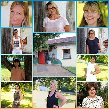 Teamfoto - Das Bild zeigt die 10 Teammitglieder als Collage und in der Mitte ist der Kindergarten abgebildet.